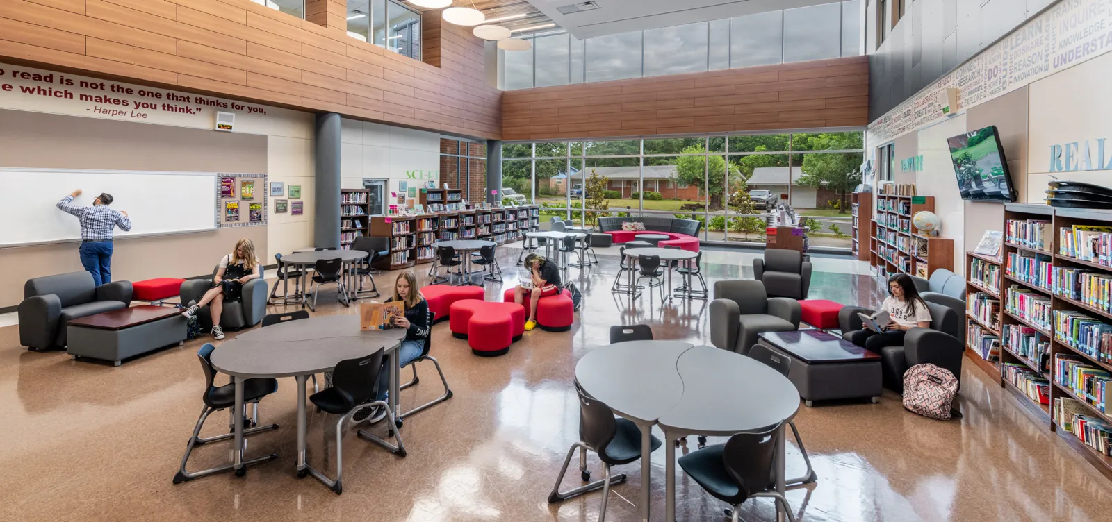 Students and staff in the open learning space at North Richland Middle School, Birdville ISD